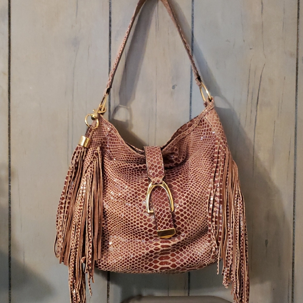 Brown Snakeskin Fringe Shoulder Bag Genuine Leather By Gili.  FINAL PRICE